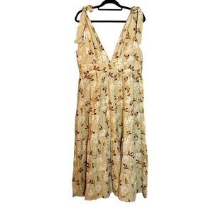 House of Harlow 1960 Cream and Brown Floral & Leaf Tiered Linen Blend Maxi Dress